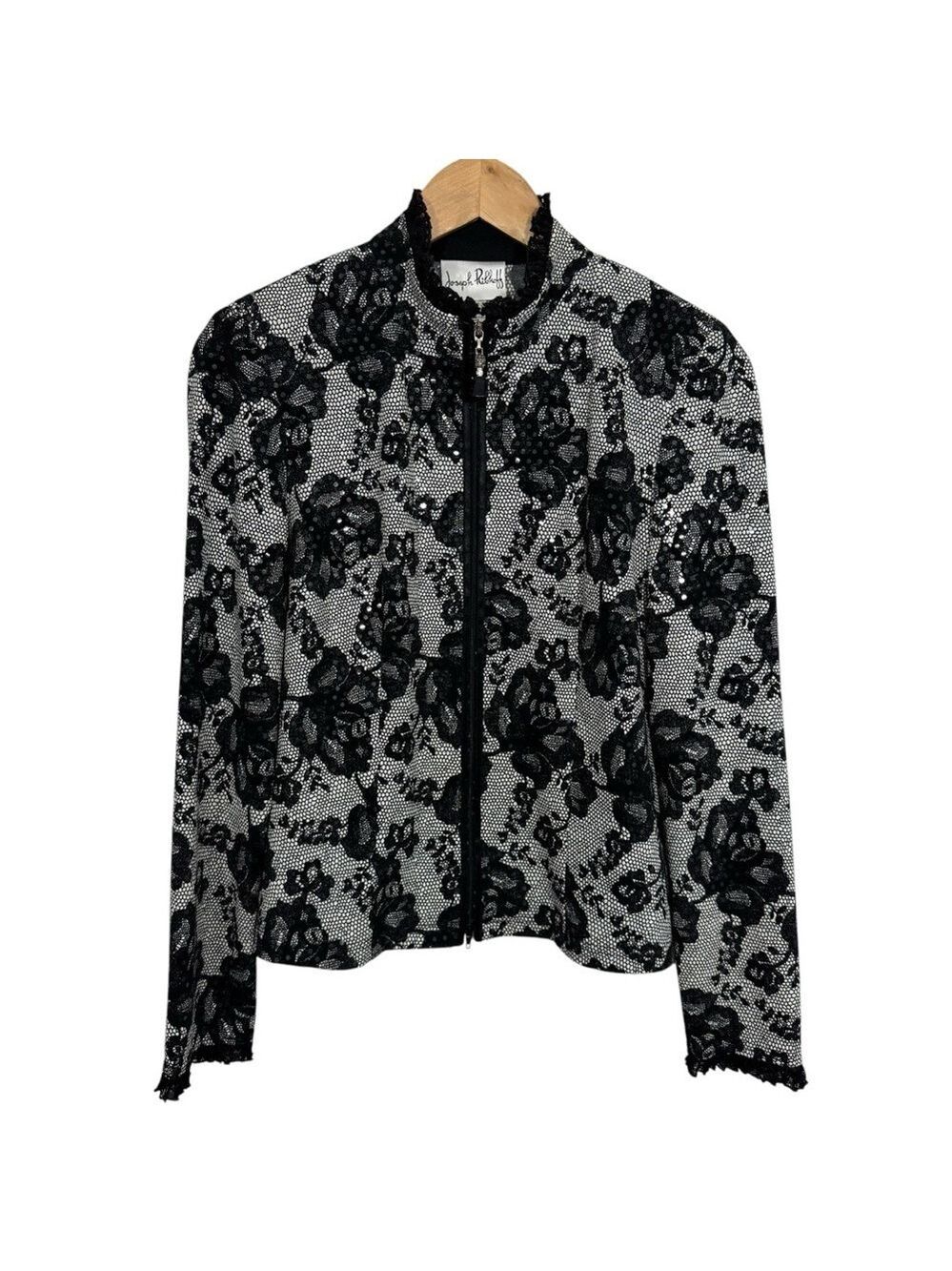 Vintage Joseph Ribkoff Floral Zip Top Womens 8 Black Sequin Lace Jacket Mature